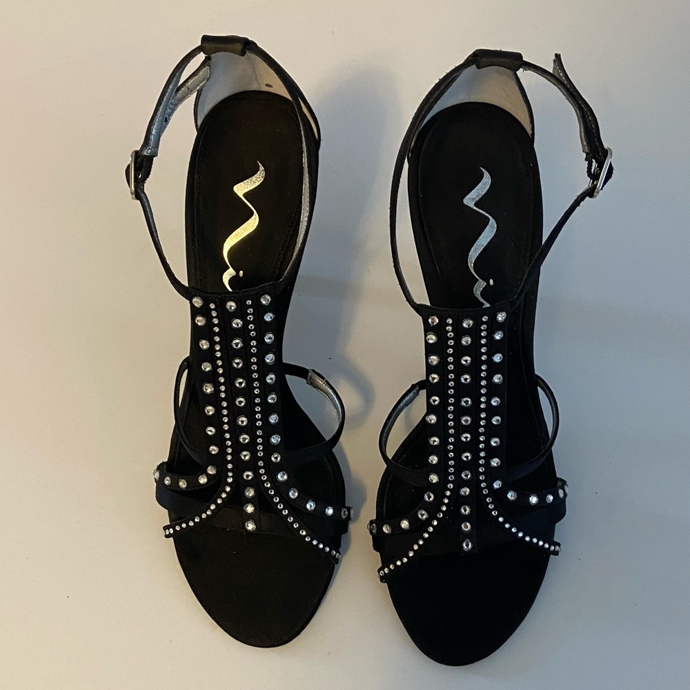 Nina Black Satin Heels barely worn. Crystals and shoes  in great condition